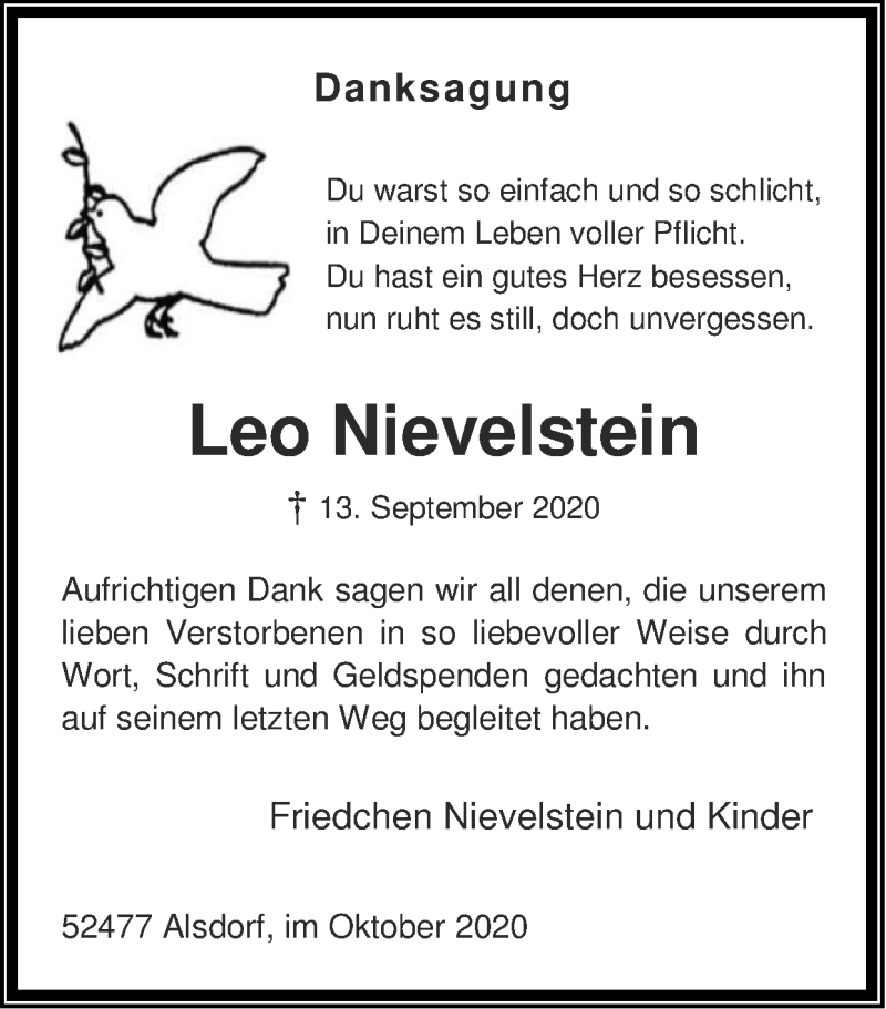  Traueranzeige für Leo Nievelstein vom 18.10.2020 aus Zeitung am Sonntag