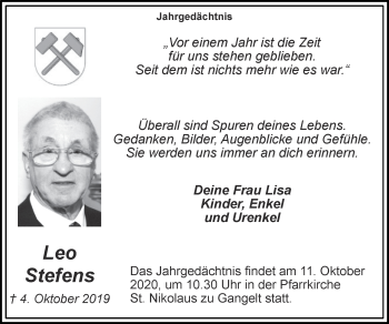 Traueranzeige von Leo Stefens von Zeitung am Sonntag