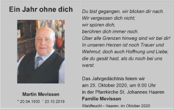 Traueranzeige von MArtin Mevissen von Zeitung am Sonntag