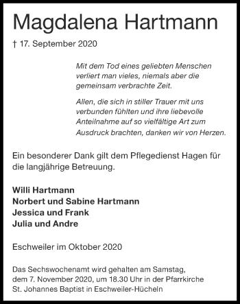 Traueranzeige von Magdalena Hartmann von Zeitung am Sonntag