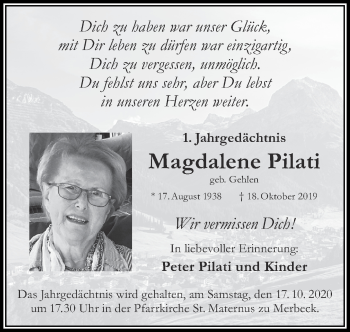 Traueranzeige von Magdalene Pilati von Zeitung am Sonntag