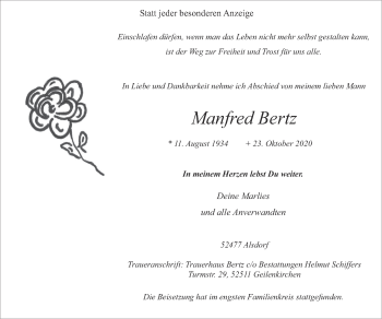Traueranzeige von Manfred Bertz von Zeitung am Sonntag