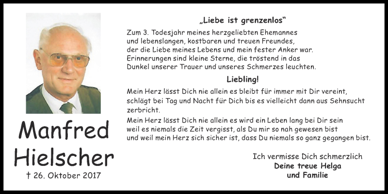  Traueranzeige für Manfred Hielscher vom 25.10.2020 aus Zeitung am Sonntag
