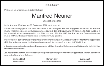 Traueranzeige von Manfred Neuner von Aachener Zeitung / Aachener Nachrichten