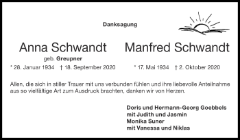 Traueranzeige von Manfred Schwandt von Zeitung am Sonntag