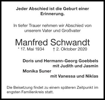 Traueranzeige von Manfred Schwandt von Zeitung am Sonntag