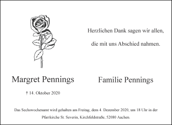 Traueranzeige von Margret Pennings von Aachener Zeitung / Aachener Nachrichten
