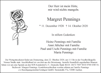 Traueranzeige von Margret Pennings von Aachener Zeitung / Aachener Nachrichten