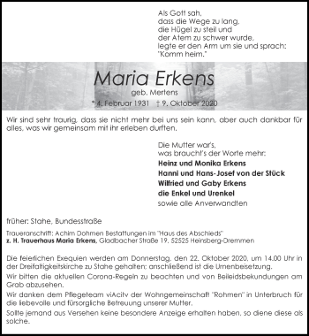 Traueranzeige von Maria Erkens von Zeitung am Sonntag