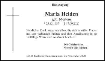 Traueranzeige von Maria Helden von Zeitung am Sonntag