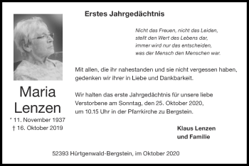 Traueranzeige von Maria Lenzen von Zeitung am Sonntag