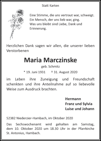 Traueranzeige von Maria Marczinske von Zeitung am Sonntag