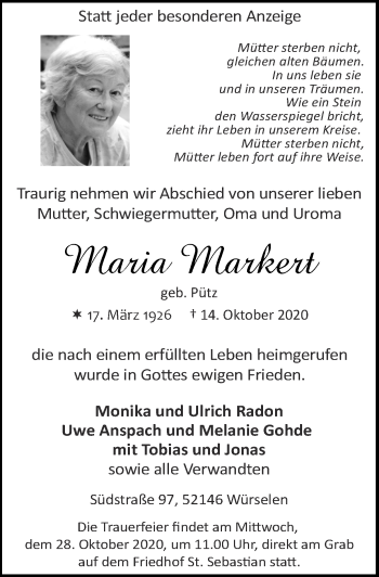 Traueranzeige von Maria Markert von Zeitung am Sonntag