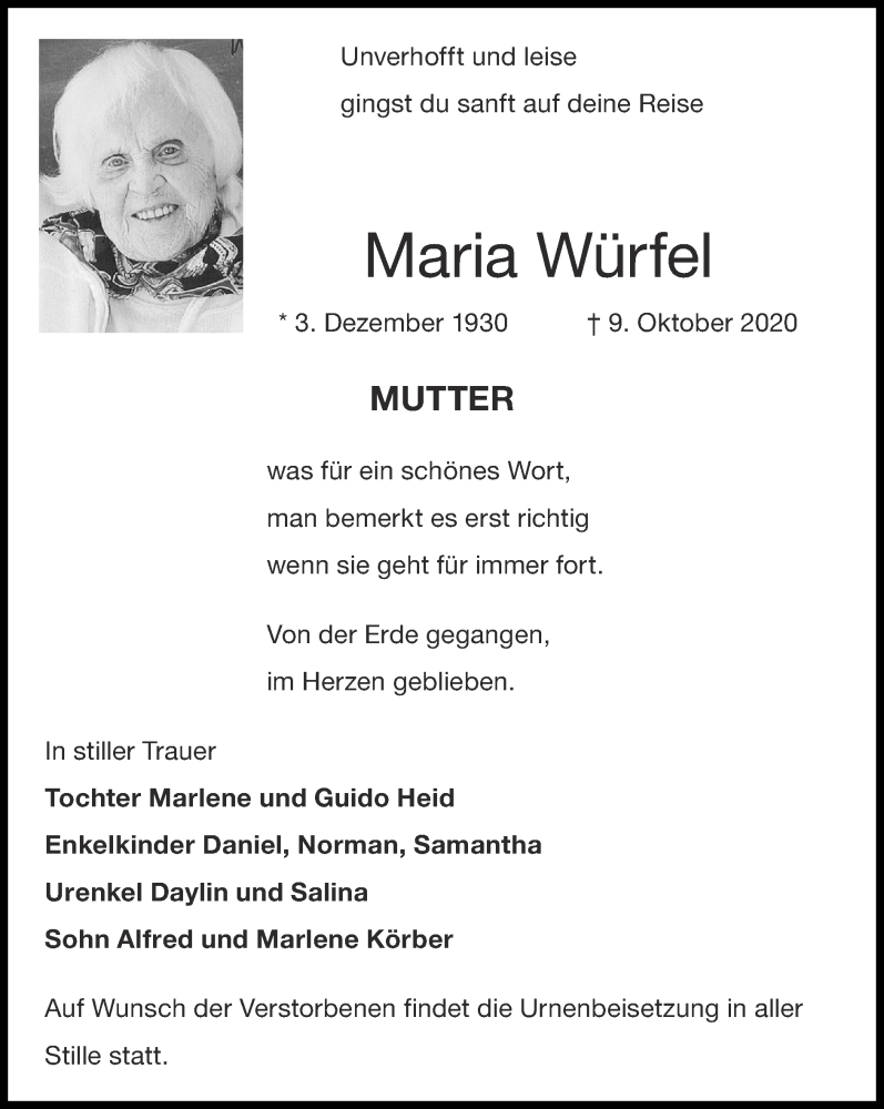  Traueranzeige für Maria Würfel vom 18.10.2020 aus Zeitung am Sonntag