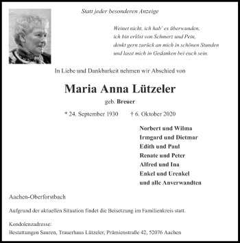 Traueranzeige von Maria Anna Lützeler von Aachener Zeitung / Aachener Nachrichten
