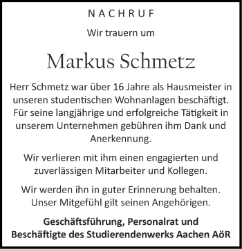 Traueranzeige von Markus Schmetz von Zeitung am Sonntag