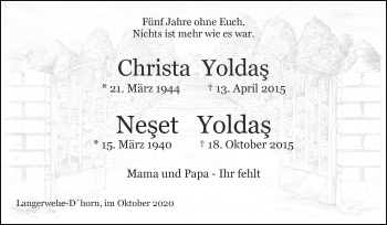 Traueranzeige von Neset Yoldas von Zeitung am Sonntag