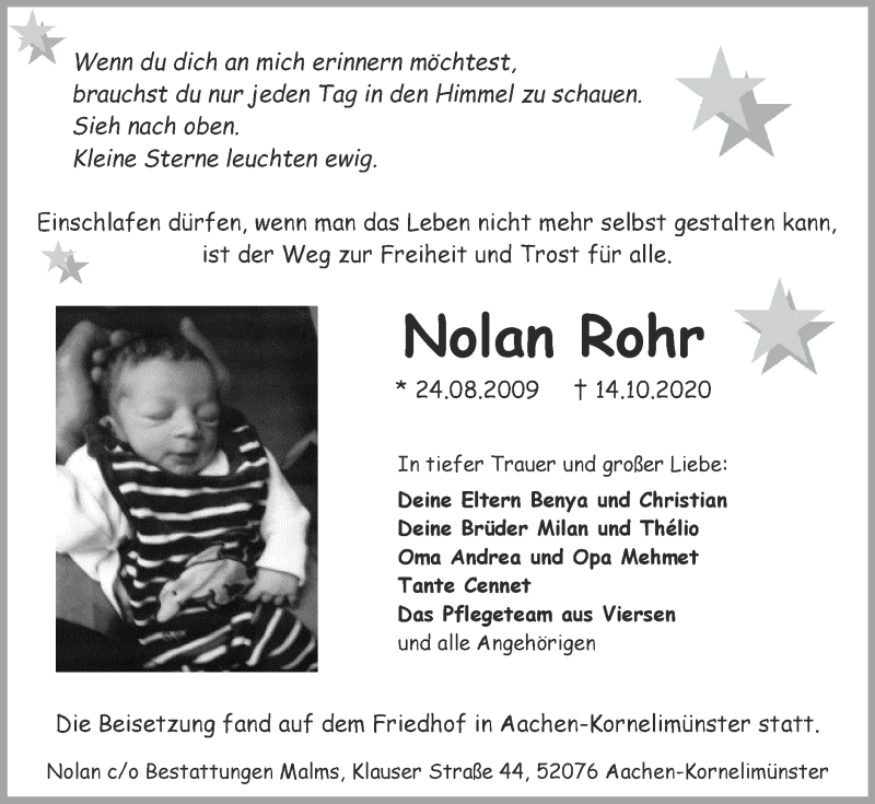  Traueranzeige für Nolan Rohr vom 25.10.2020 aus Zeitung am Sonntag