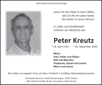 Traueranzeige von Peter Kreutz von Zeitung am Sonntag