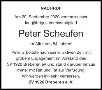 Traueranzeige von Peter Scheufen von Zeitung am Sonntag