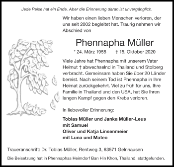 Traueranzeige von Phennapha Müller von Zeitung am Sonntag