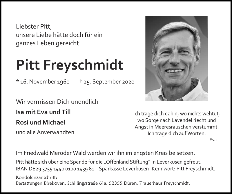  Traueranzeige für Pitt Freyschmidt vom 04.10.2020 aus Zeitung am Sonntag