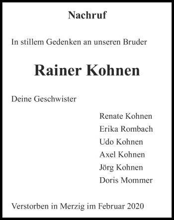 Traueranzeige von Rainer Kohnen von Zeitung am Sonntag