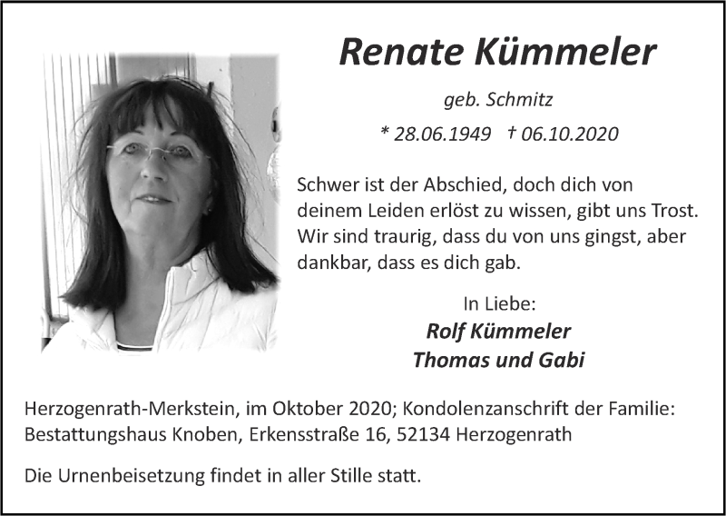  Traueranzeige für Renate Kümmeler vom 11.10.2020 aus Zeitung am Sonntag