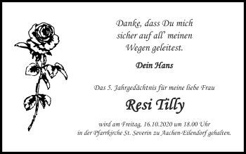Traueranzeige von Resi Tilly von Zeitung am Sonntag