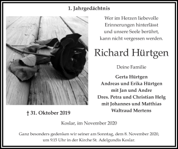 Traueranzeige von Richard Hürtgen von Zeitung am Sonntag