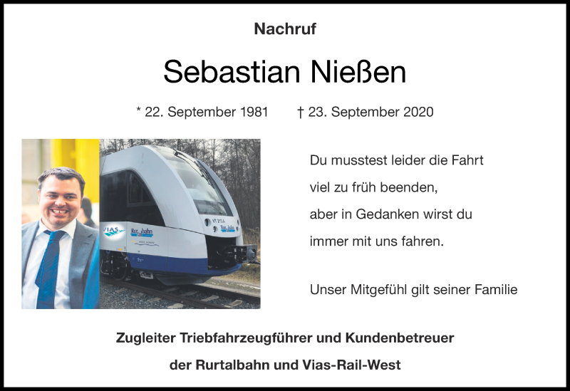  Traueranzeige für Sebastian Nießen vom 18.10.2020 aus Zeitung am Sonntag