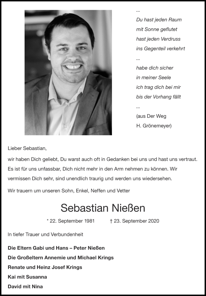  Traueranzeige für Sebastian Nießen vom 04.10.2020 aus Zeitung am Sonntag