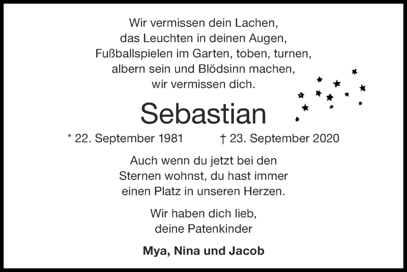  Traueranzeige für Sebastian Nießen vom 25.10.2020 aus Zeitung am Sonntag