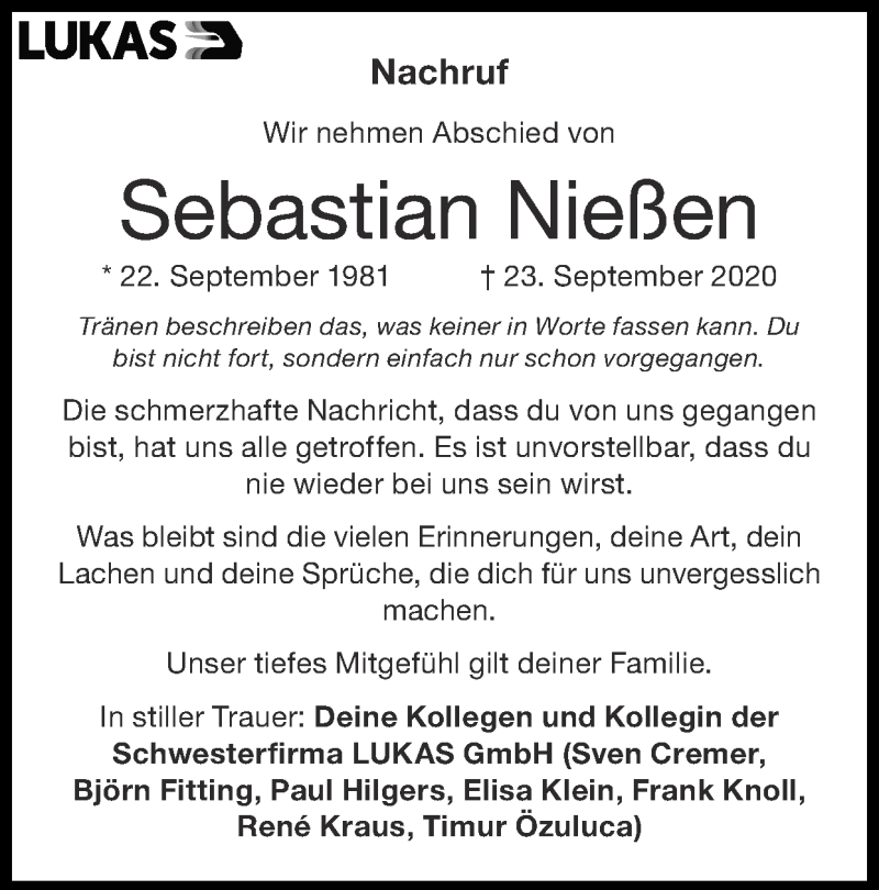  Traueranzeige für Sebastian Nießen vom 18.10.2020 aus Zeitung am Sonntag