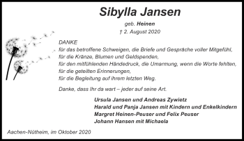 Traueranzeige von Sibylla Jansen von Aachener Zeitung / Aachener Nachrichten