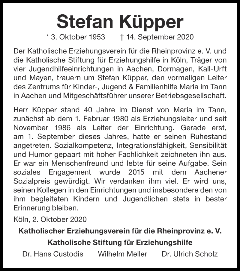  Traueranzeige für Stefan Küpper vom 03.10.2020 aus Aachener Zeitung / Aachener Nachrichten
