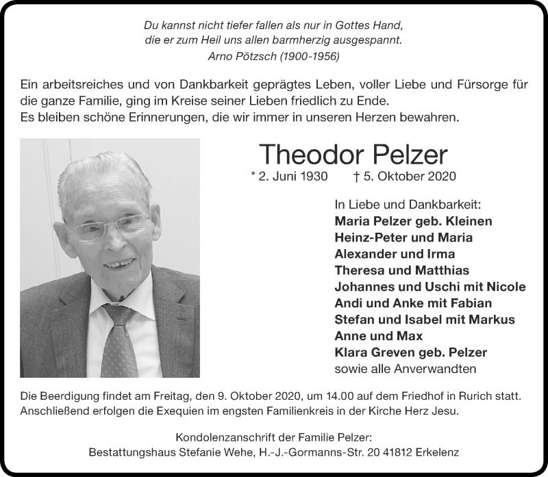 Traueranzeige für Theodor Pelzer vom 07.10.2020 aus Aachener Zeitung / Aachener Nachrichten