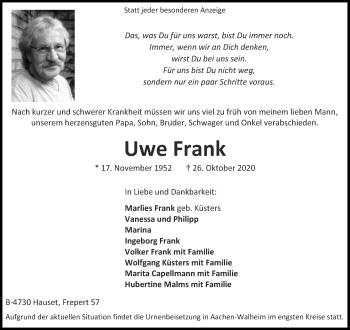 Traueranzeige von Uwe Frank von Aachener Zeitung / Aachener Nachrichten