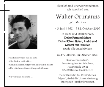 Traueranzeige von Walter Ortmanns von Zeitung am Sonntag