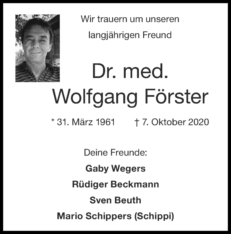  Traueranzeige für Wolfgang Förster vom 18.10.2020 aus Zeitung am Sonntag