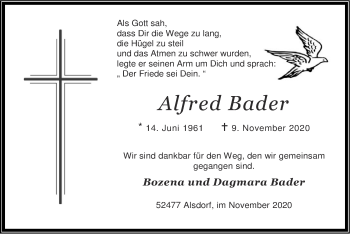 Traueranzeige von Alfred Bader von Zeitung am Sonntag