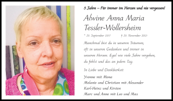 Traueranzeige von Alwinw Anna Maria Tessler-Wollersheim von Zeitung am Sonntag
