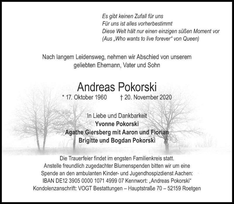  Traueranzeige für Andreas Pokorski vom 28.11.2020 aus Aachener Zeitung / Aachener Nachrichten
