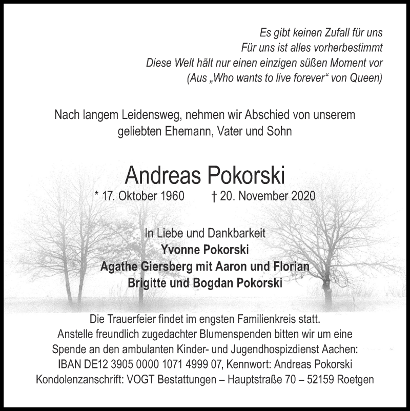  Traueranzeige für Andreas Pokorski vom 29.11.2020 aus Zeitung am Sonntag