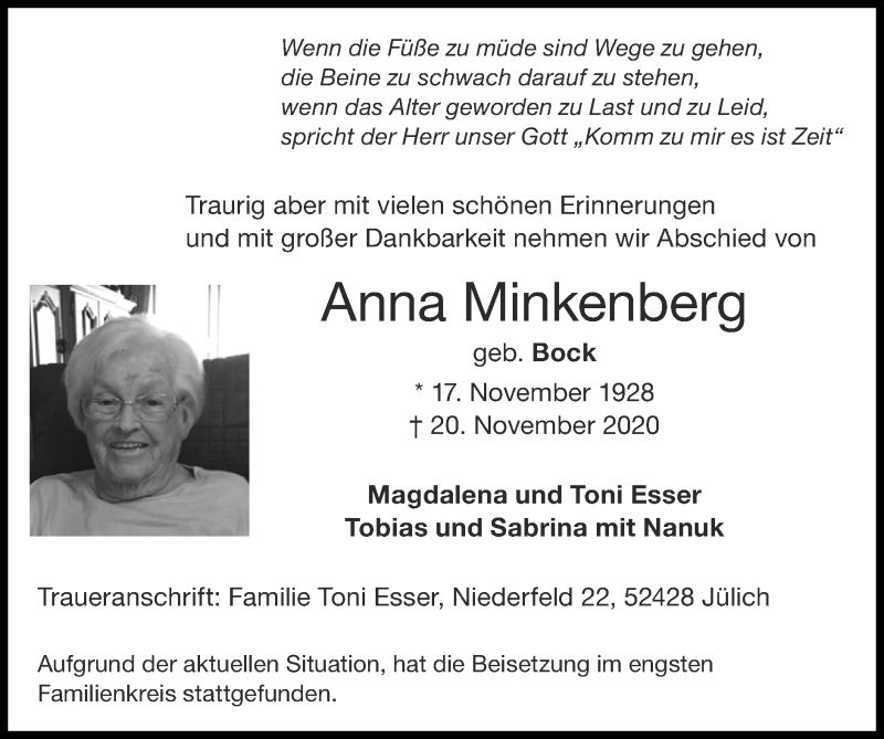  Traueranzeige für Anna Minkenberg vom 29.11.2020 aus Zeitung am Sonntag