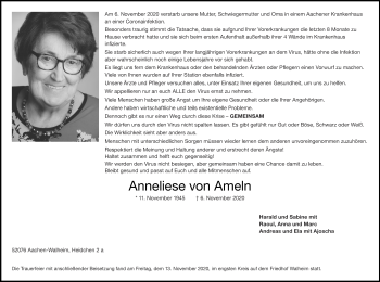 Traueranzeige von Anneliese von Ameln von Zeitung am Sonntag
