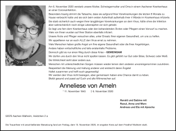 Traueranzeige von Anneliese von Ameln von Zeitung am Sonntag