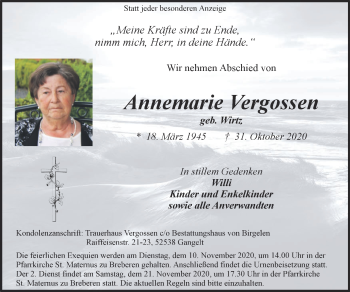 Traueranzeige von Annemarie Vergossen von Zeitung am Sonntag