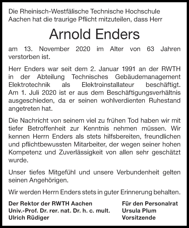  Traueranzeige für Arnold Enders vom 21.11.2020 aus Aachener Zeitung / Aachener Nachrichten