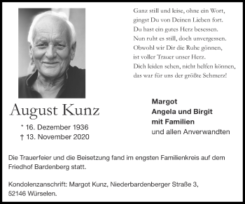Traueranzeige von August Kunz von Zeitung am Sonntag
